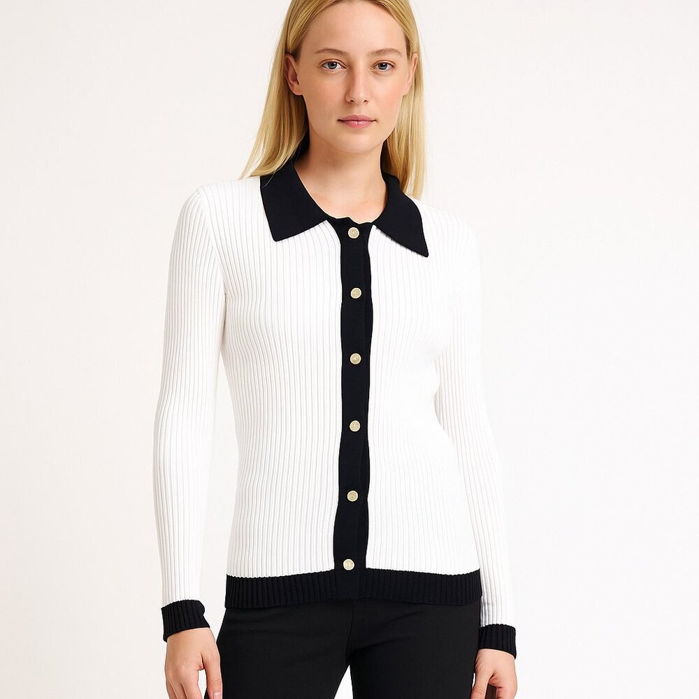 NWT White House Black Market Rib Colorblock Cardigan Ecru Black Small